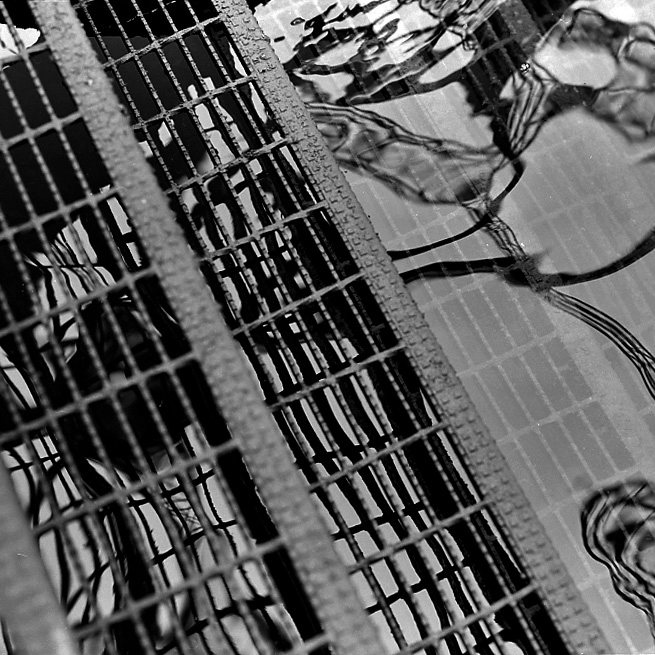Layered metal grating and a reflected grid distorting in high-contrast black and white — structure and texture, no face.